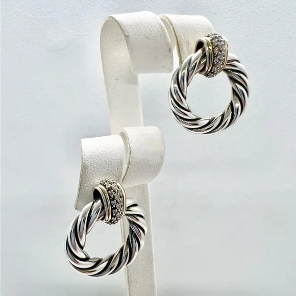 David Yurman Sterling Silver 18k Diamond Cable Door Knocker Earrings - Picture 11 of 12